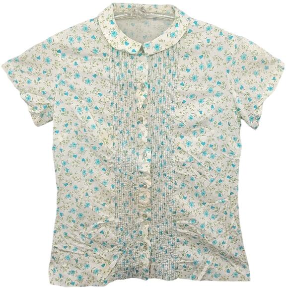 Vintage Floral Blue Green Tuxedo Pleat Romantic Coquette Short Sleeve Blouse - Picture 1 of 10